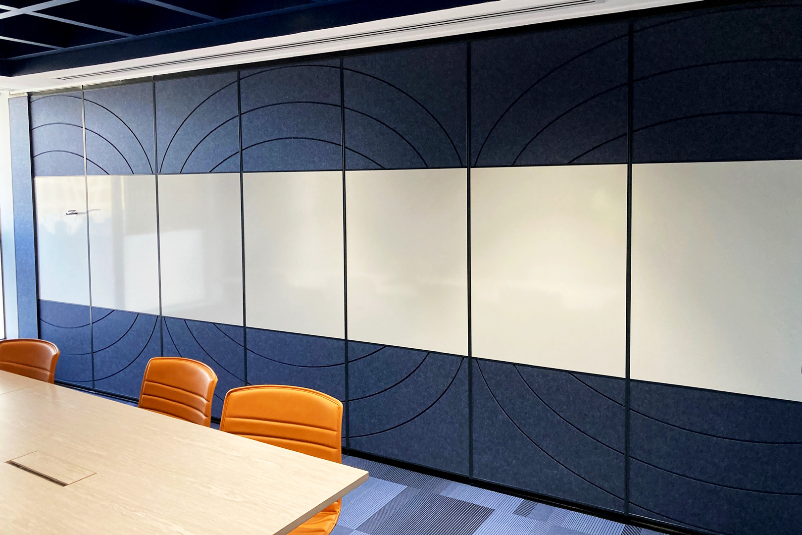 solid operable wall with fabric and whiteboards