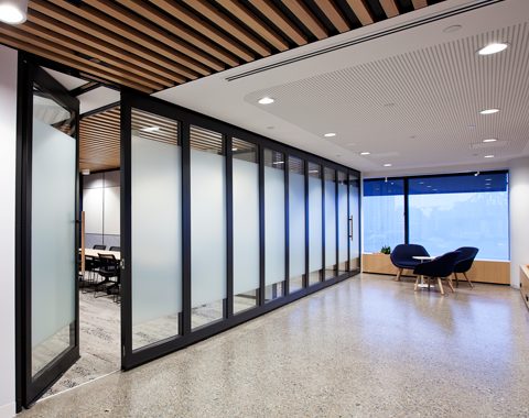 passthrough door for glazed operable wall