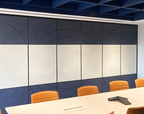 operable wall with whiteboards and fabric panels